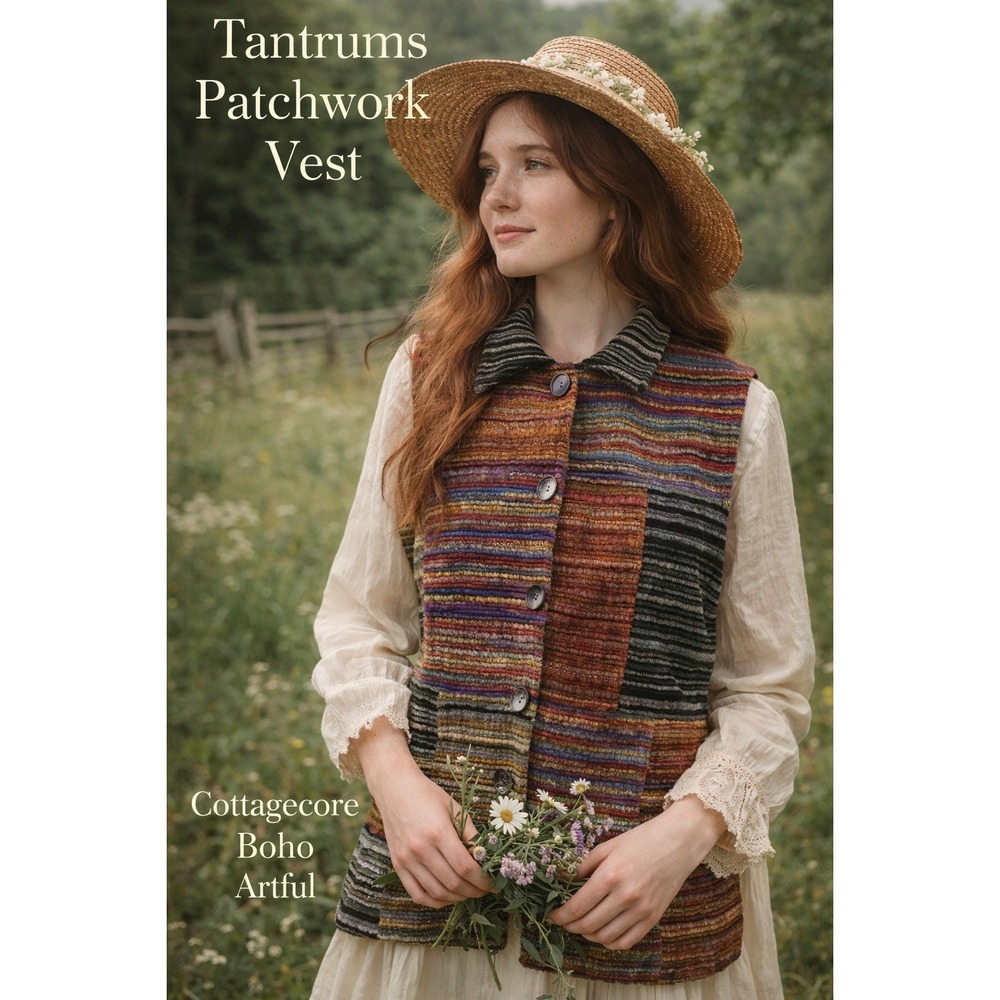 Tantrums Patchwork Vest Womens M Boho Textured Button‎ Front Artsy